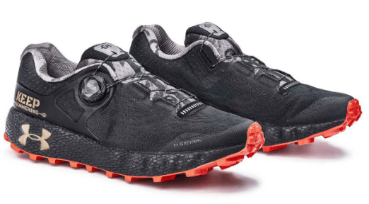 Cameron Hanes has a deal with Under Amour and typically runs in his co-branded  HOVR Machina CH1 off-road running shoes.