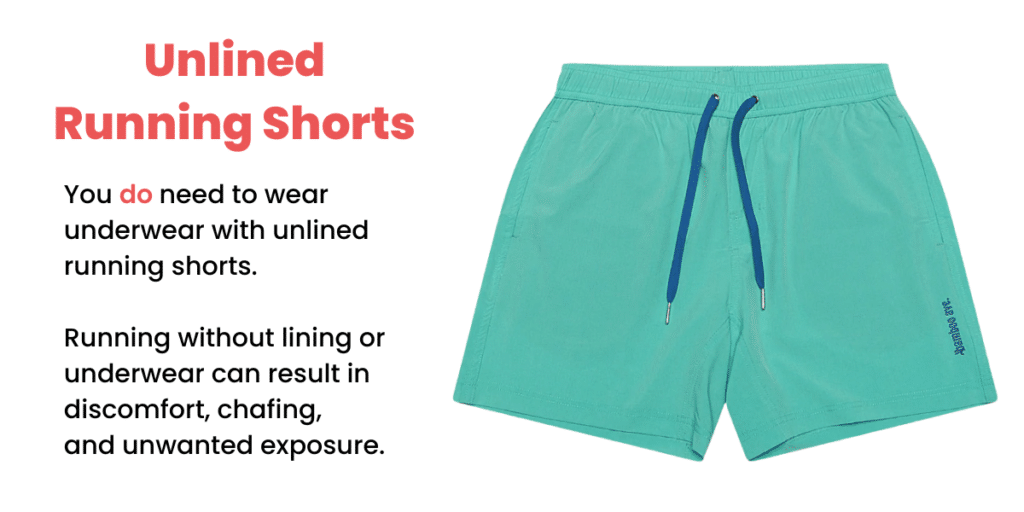 You should wear underwear with unlined running shorts to avoid discomfort and accidental exposure.