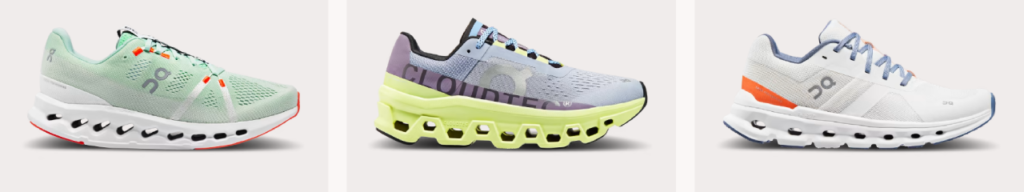 On Running's Cloud running shoes feature geometric cutouts in the outer sole to enhance the shoe's spring and cushion.