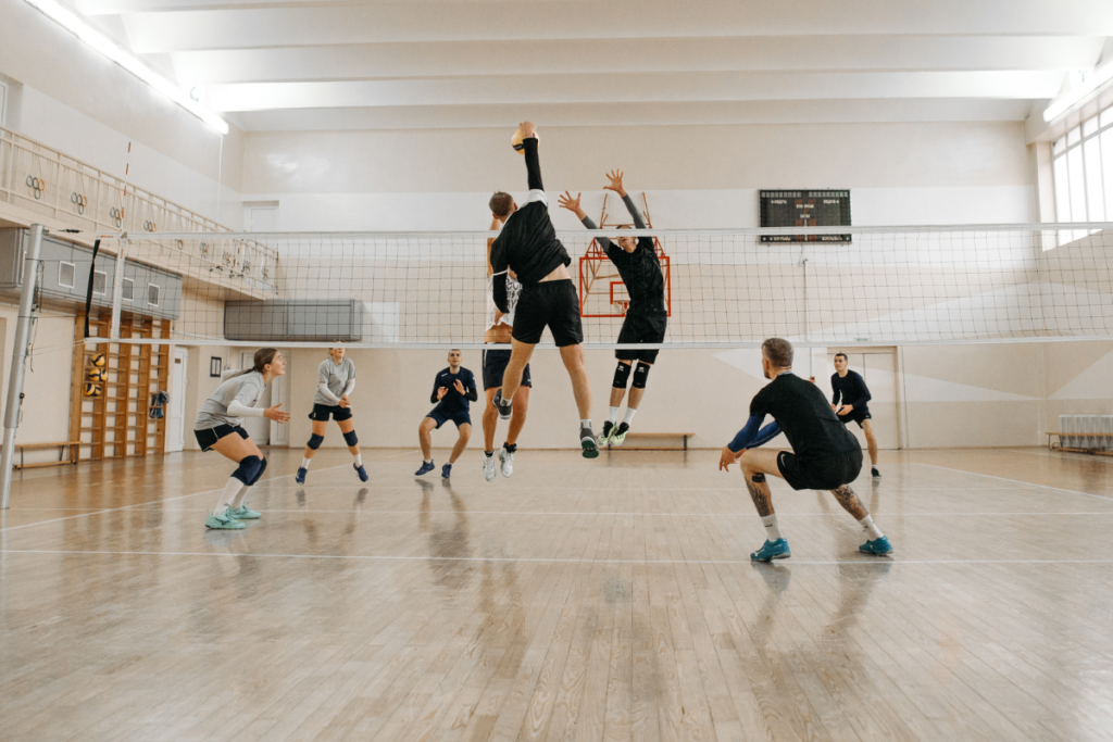 Volleyball requires shoes with good ankle support, intense cushioning, and tread that reduces slip during the game. Running shoes are not an adequate substitute. 